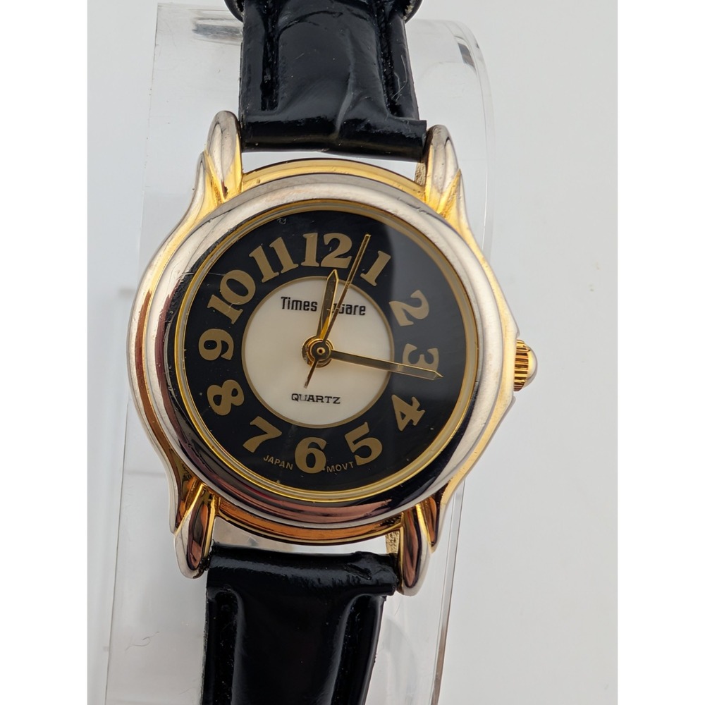 Vintage Times Square Watch Women 26mm Gold Case Black Leather Band- New‎ Battery